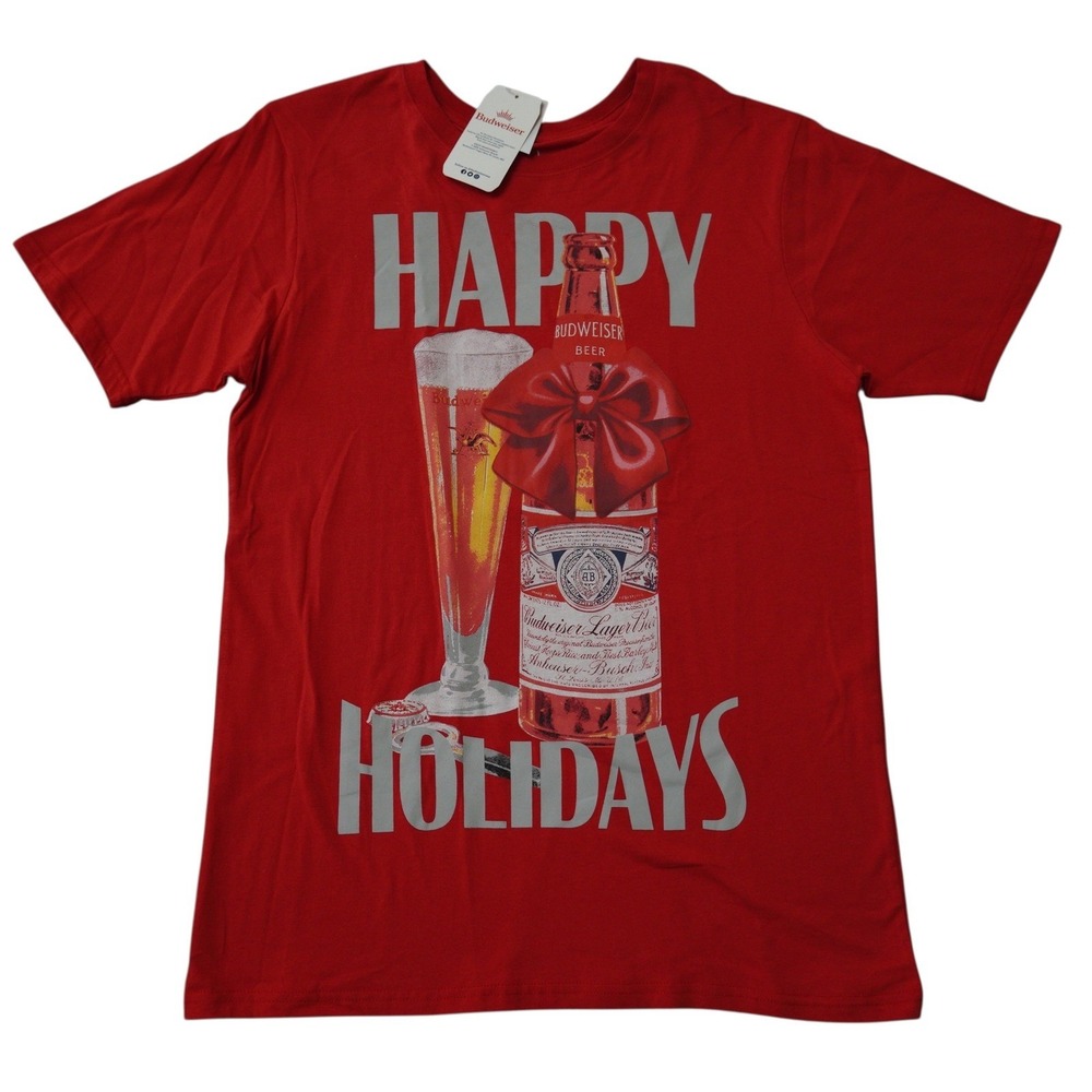 Budweiser Happy Holidays T Shirt Mens Large Red Beer Graphic Tee NWT‎